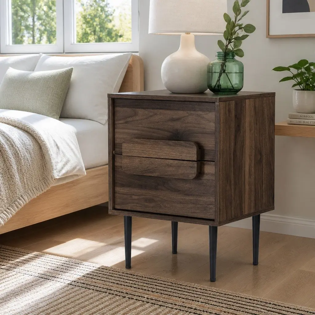 Walnut Bedside Table Nightstand with 2 Drawers