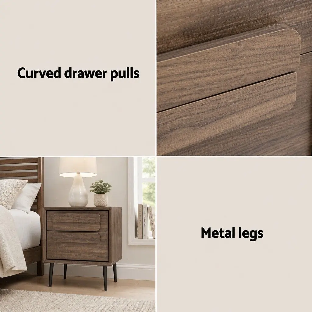 Walnut Bedside Table Nightstand with 2 Drawers