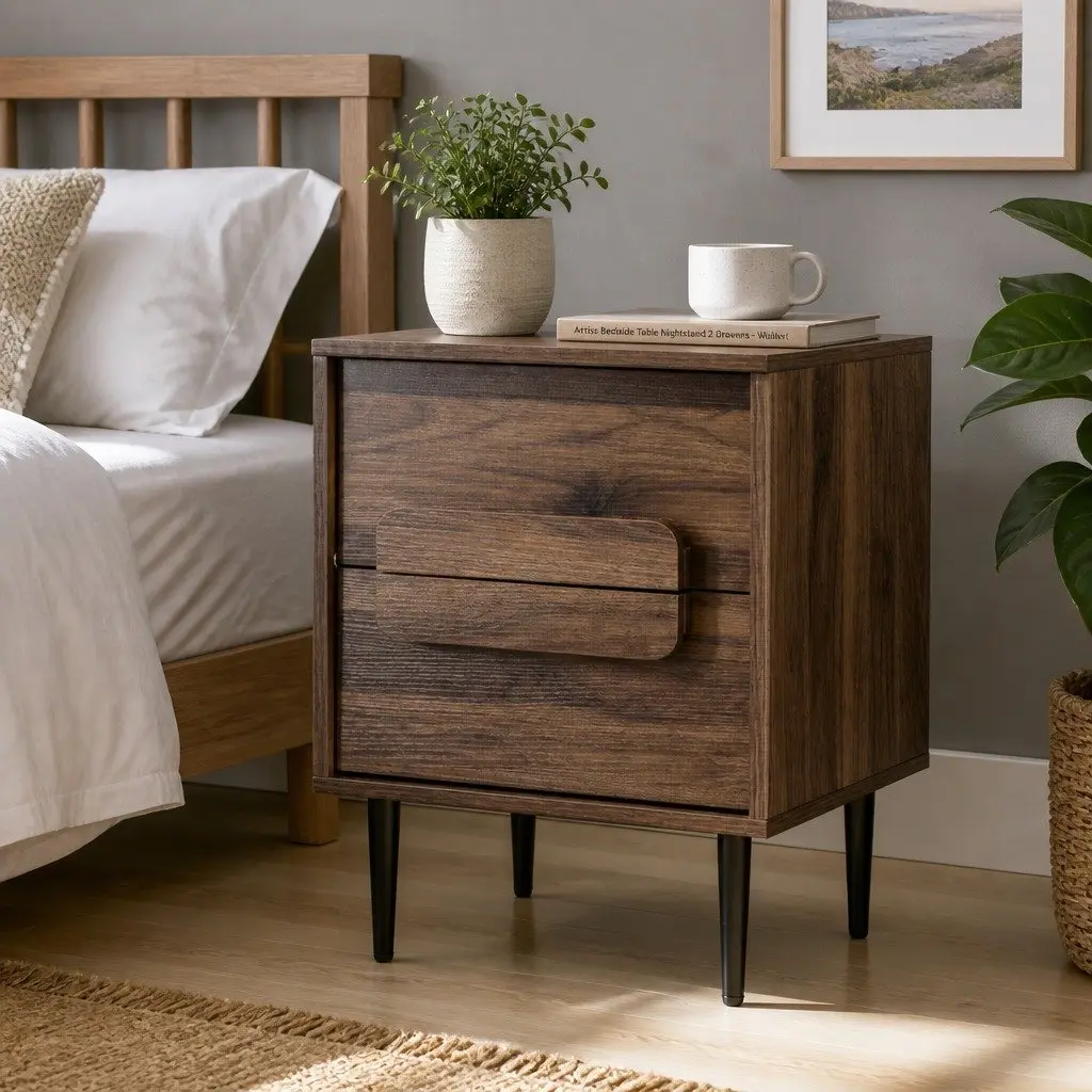 Walnut Bedside Table Nightstand with 2 Drawers