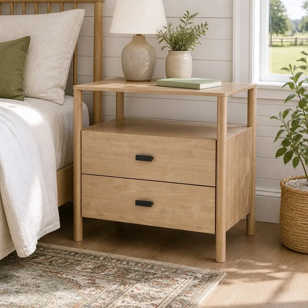 Pine Wood Nightstand with Two Drawers