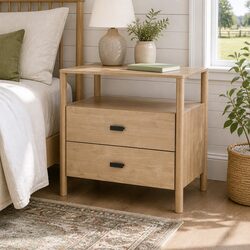Sturdy Pine Wood Nightstand with Two Drawers