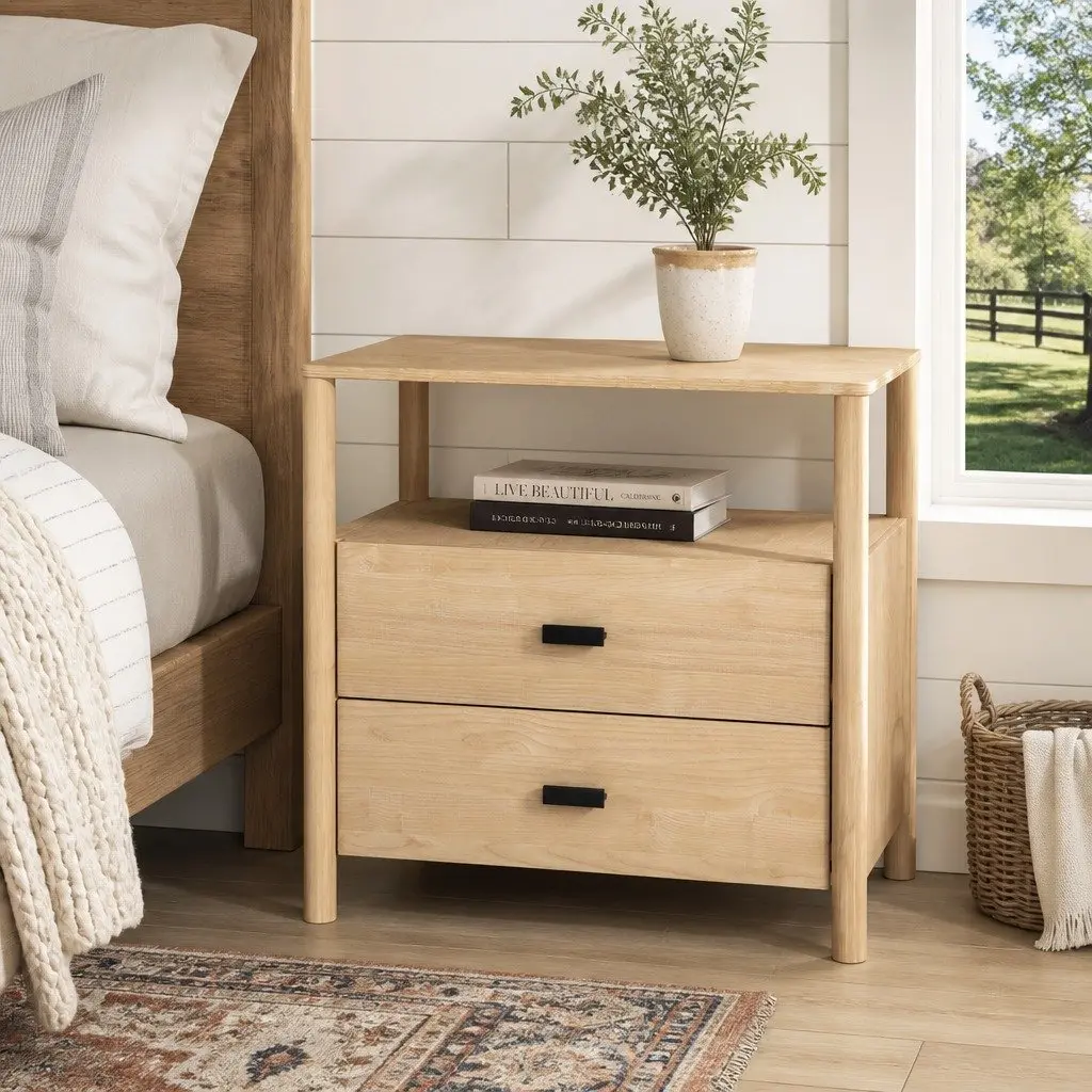 Pine Wood Nightstand with Two Drawers