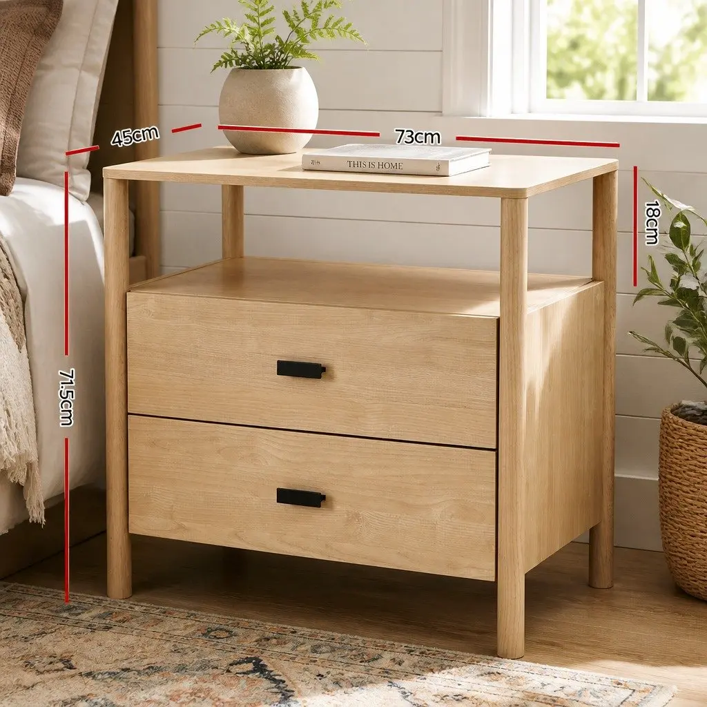 Pine Wood Nightstand with Two Drawers