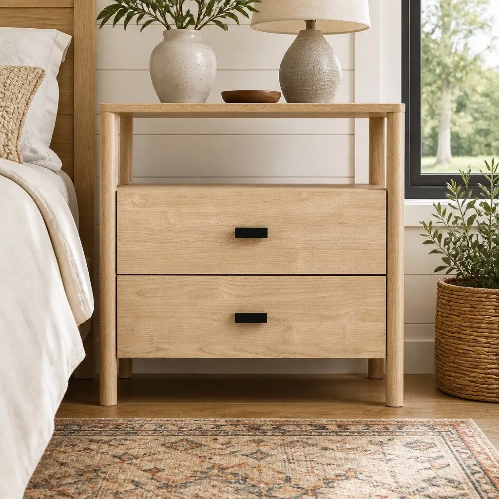 Pine Wood Nightstand with Two Drawers