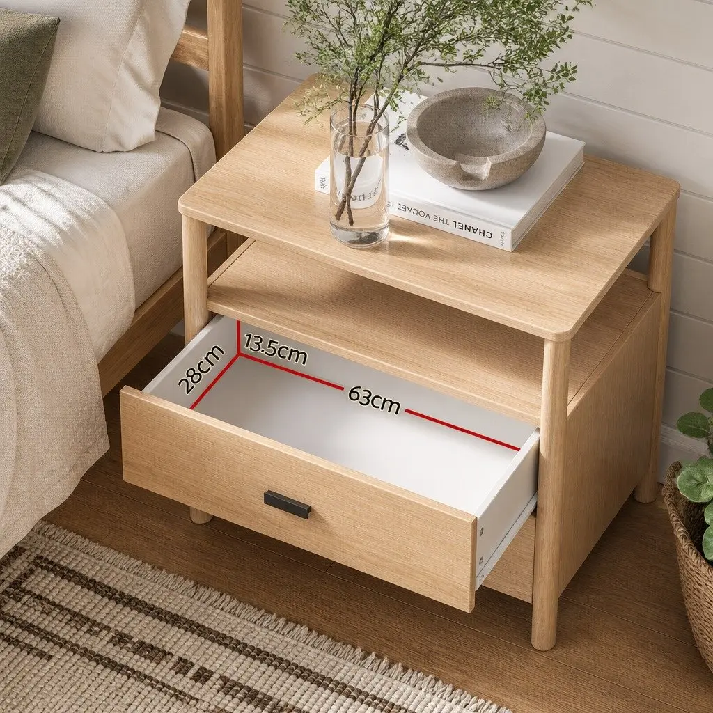 Pine Wood Nightstand with Two Drawers