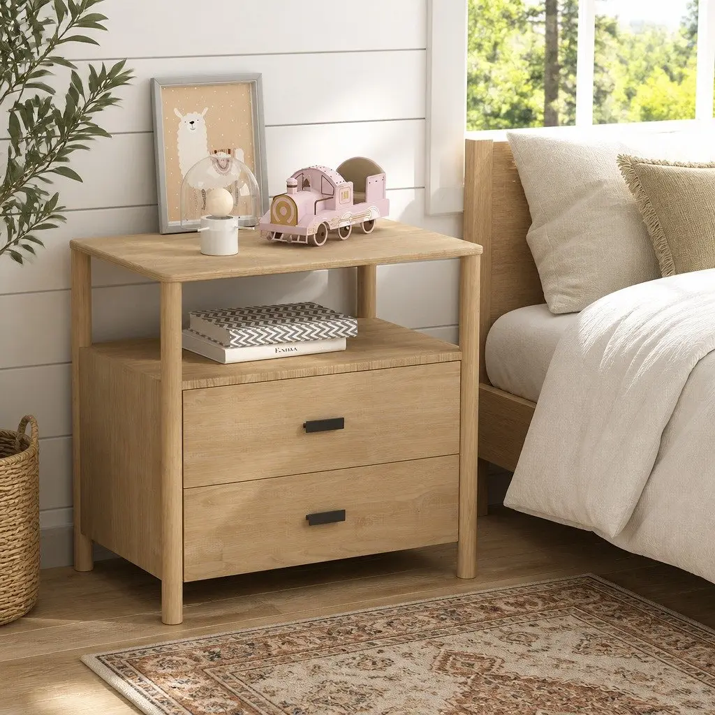 Pine Wood Nightstand with Two Drawers