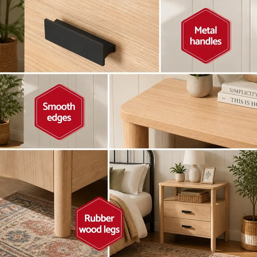 Pine Wood Nightstand with Two Drawers