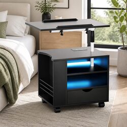 Adjustable Black Bedside Table with USB Charging and LED Lights