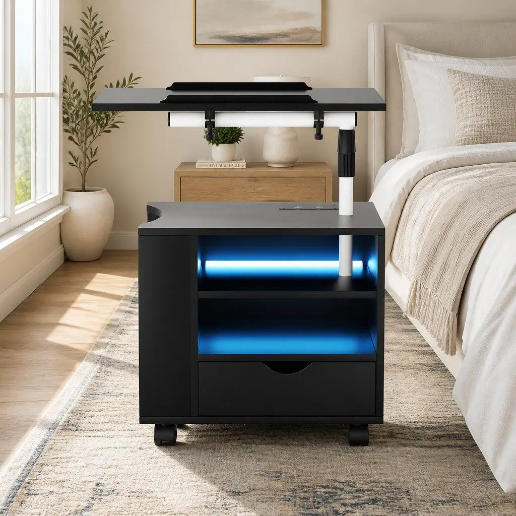 Laptop Stand MDF Adjustable Bedside Table Black with USB Type-C Charging and LED Lights