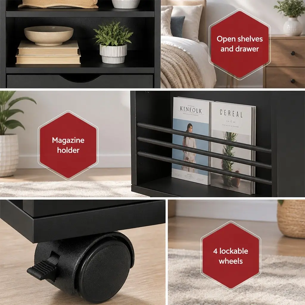 Laptop Stand MDF Adjustable Bedside Table Black with USB Type-C Charging and LED Lights