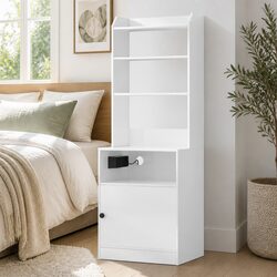 Stylish Bedside Table with Charging Station - White