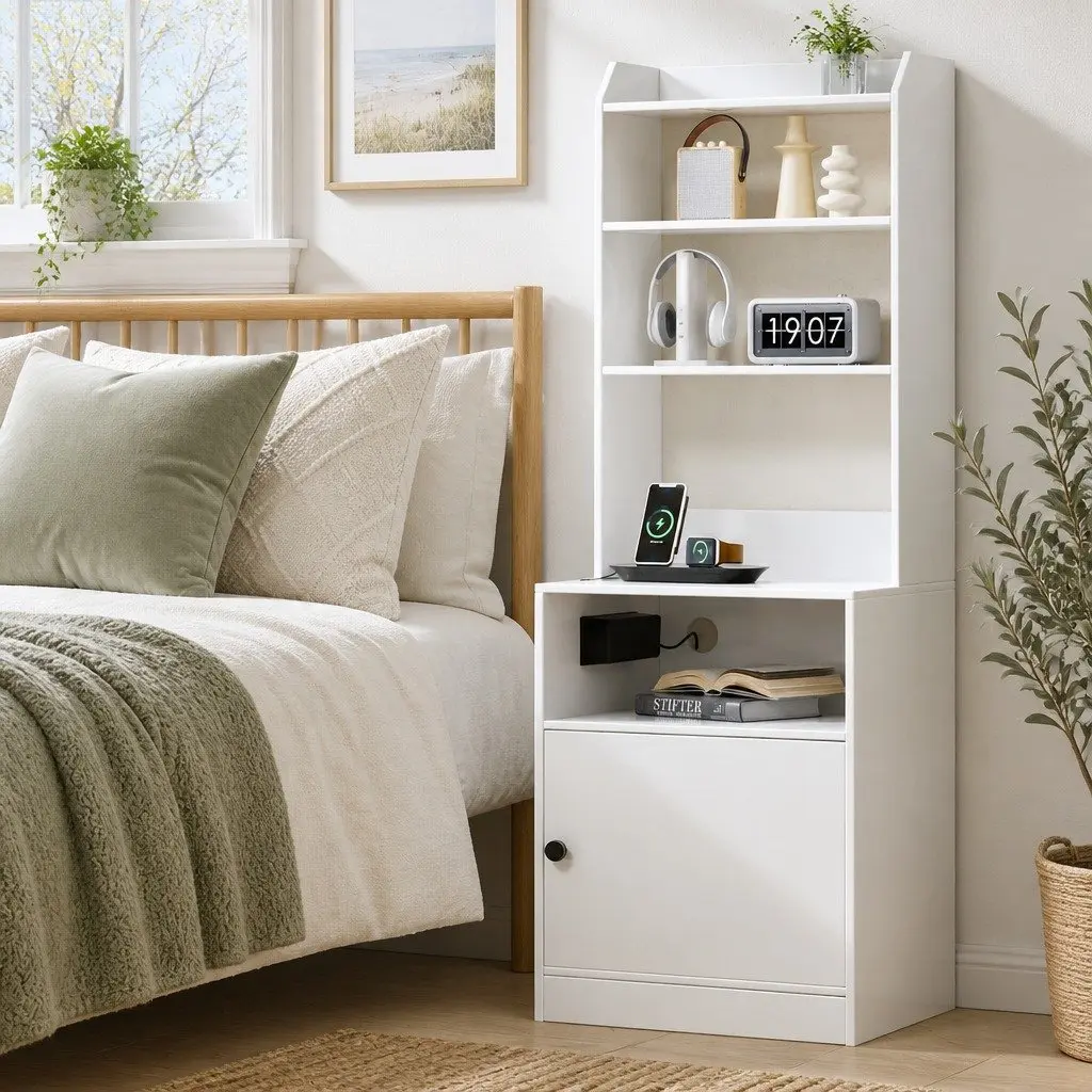 Bedside Table Nightstand with Charging Station White Bedroom Storage Furniture