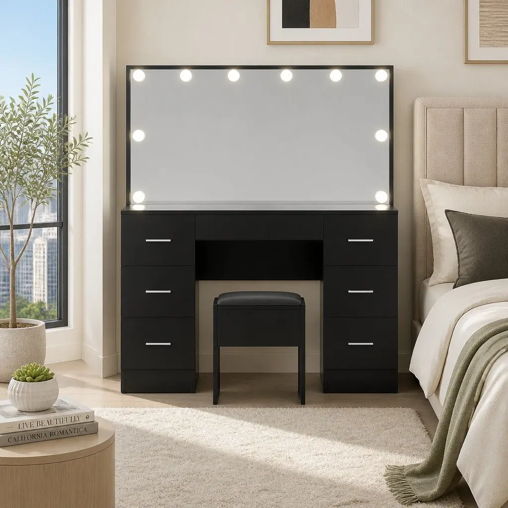 Black Dressing Table Vanity Set with LED Bulbs