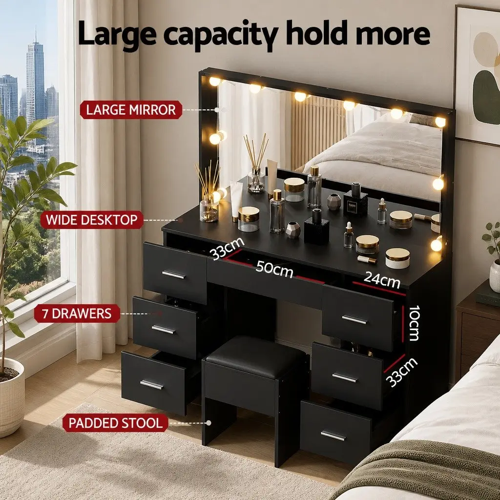 Black Dressing Table Vanity Set with LED Bulbs