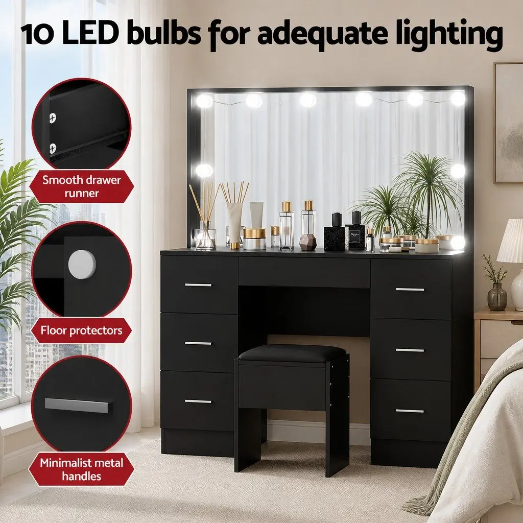 Black Dressing Table Vanity Set with LED Bulbs