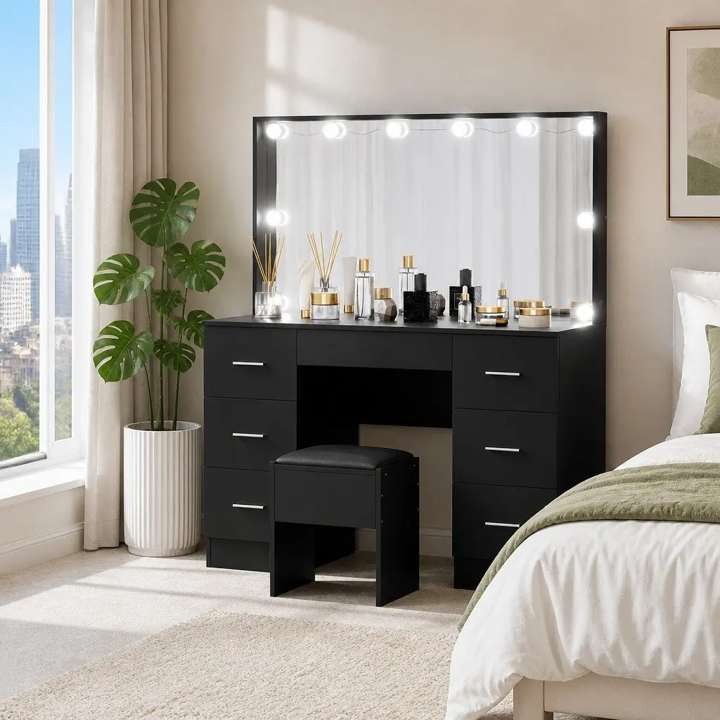 Black Dressing Table Vanity Set with LED Bulbs
