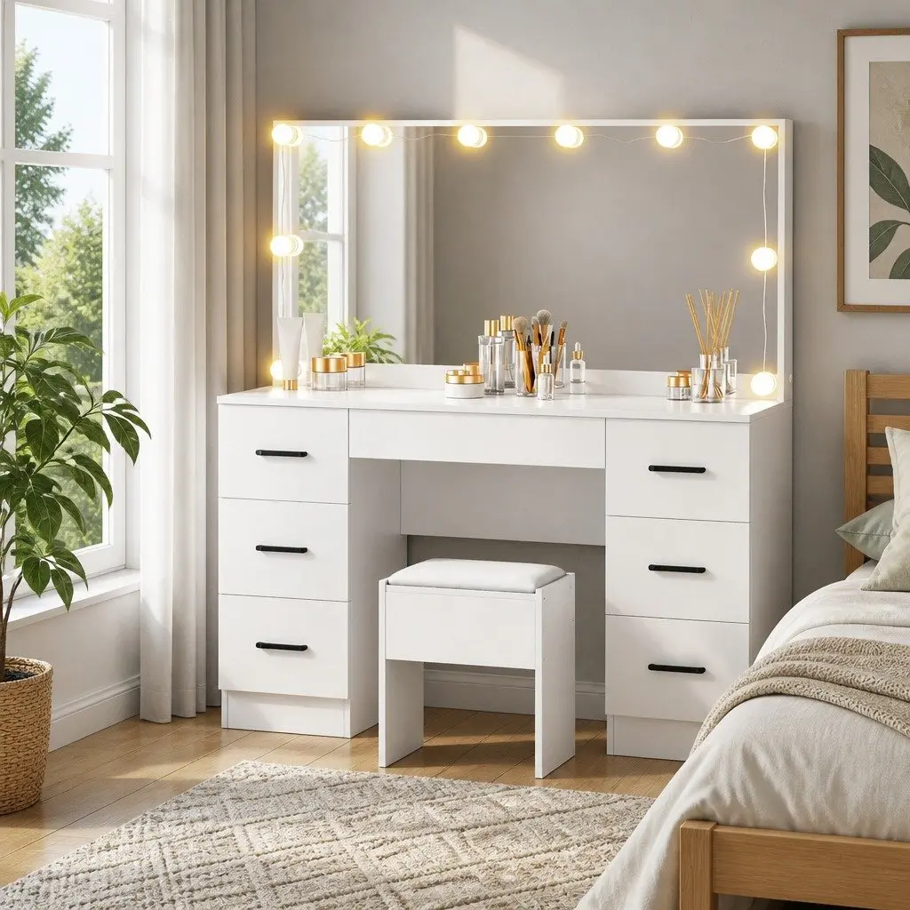 Hollywood Mirror Vanity Dressing Table Set with Stool