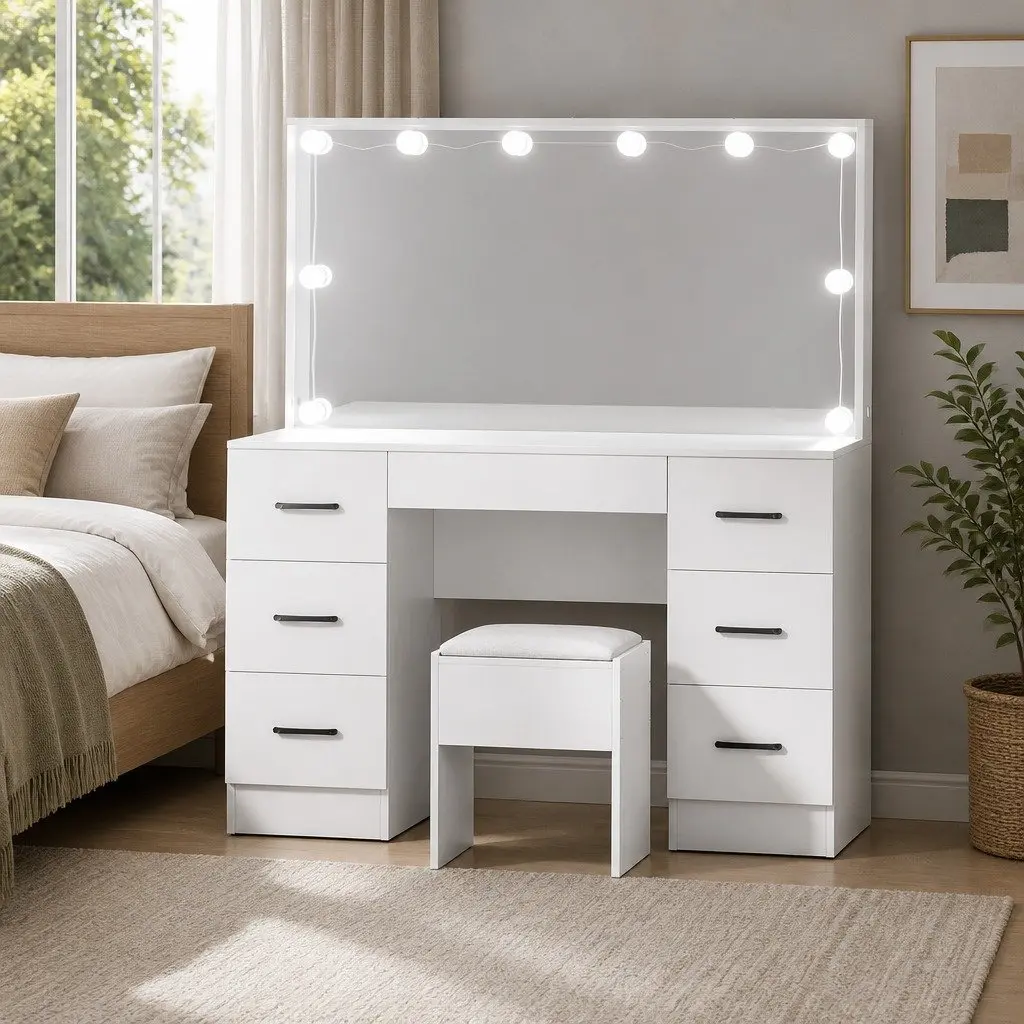 Hollywood Mirror Vanity Dressing Table Set with Stool