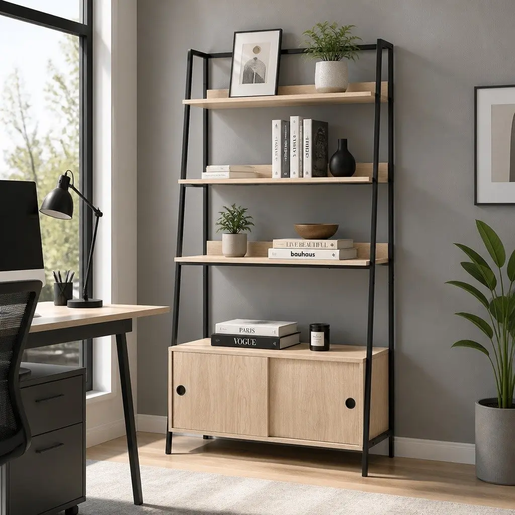 5 Tier Oak Cube Bookshelf with Sliding Cabinets