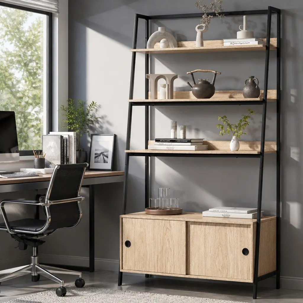 5 Tier Oak Cube Bookshelf with Sliding Cabinets