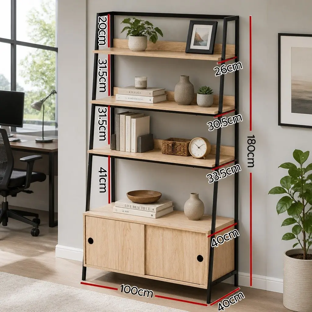 5 Tier Oak Cube Bookshelf with Sliding Cabinets