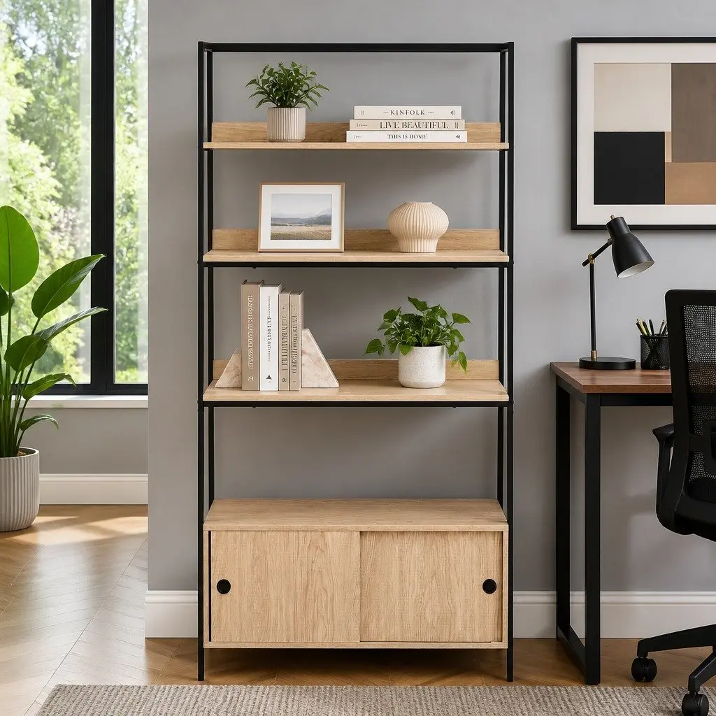 5 Tier Oak Cube Bookshelf with Sliding Cabinets