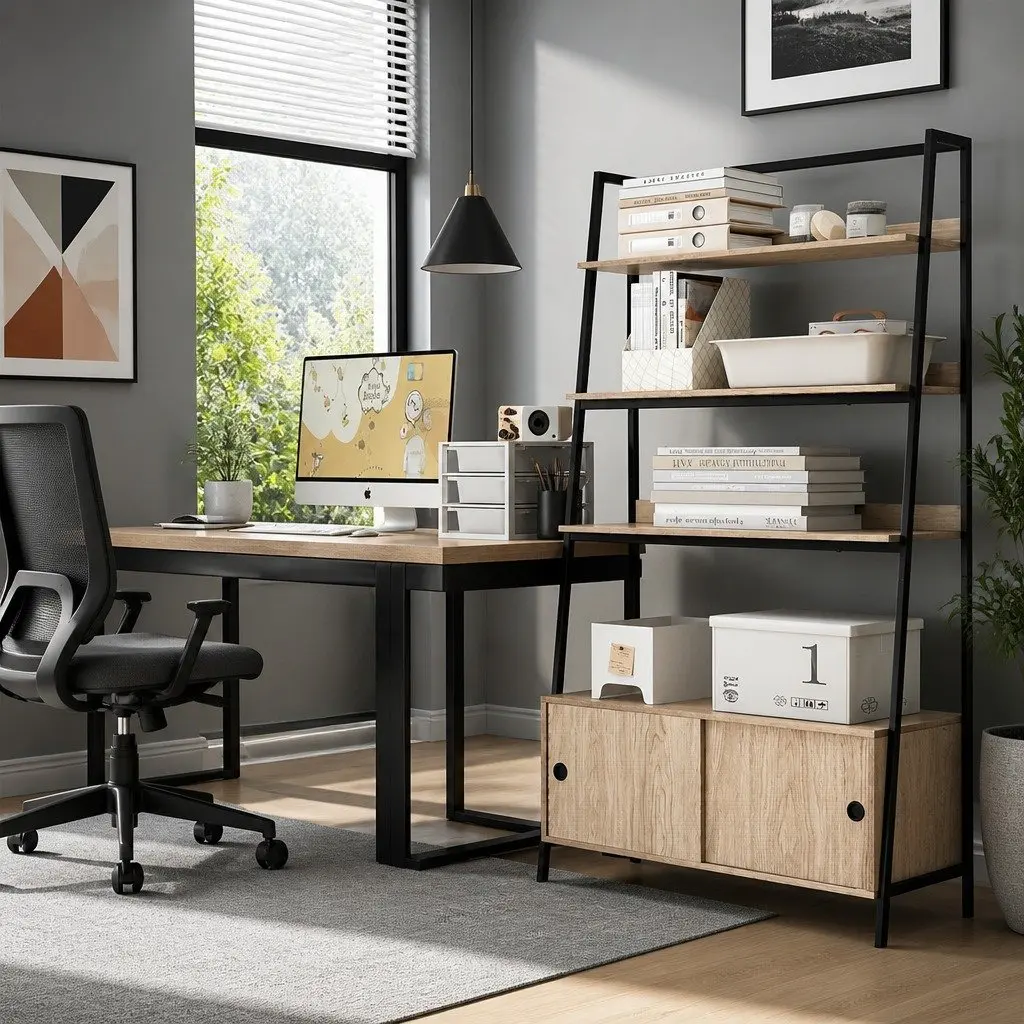 5 Tier Oak Cube Bookshelf with Sliding Cabinets