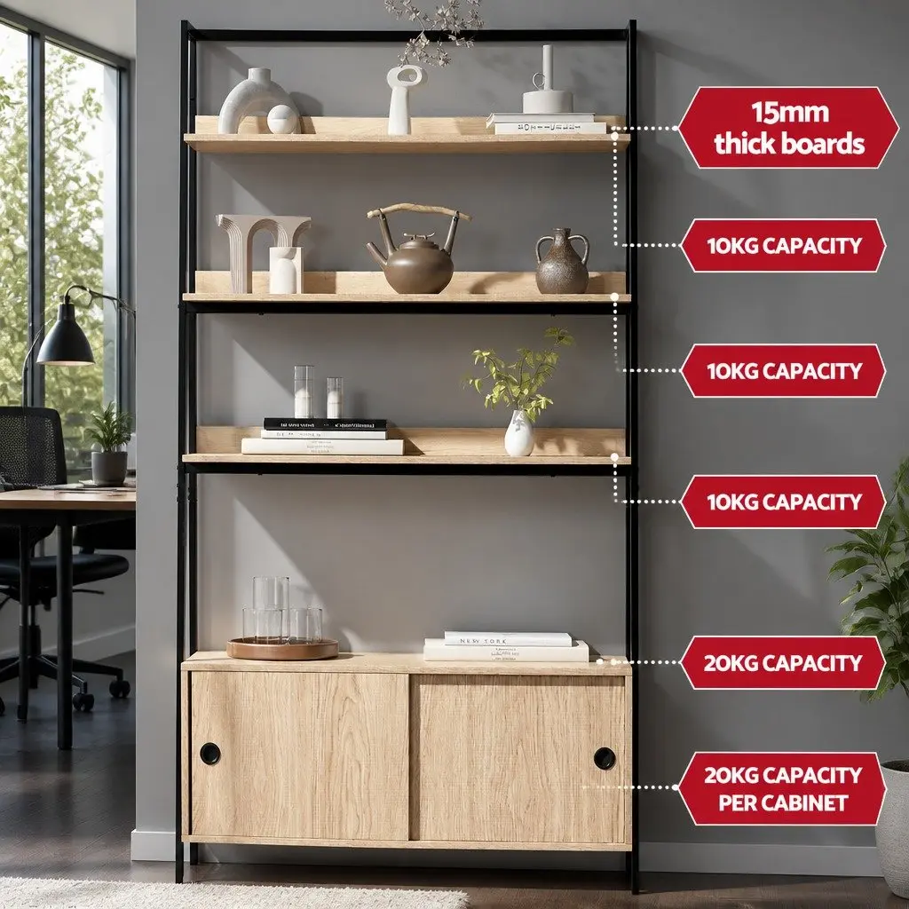 5 Tier Oak Cube Bookshelf with Sliding Cabinets