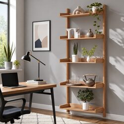 5-Tier Floating Bookshelf in Oak Wood for Modern Spaces