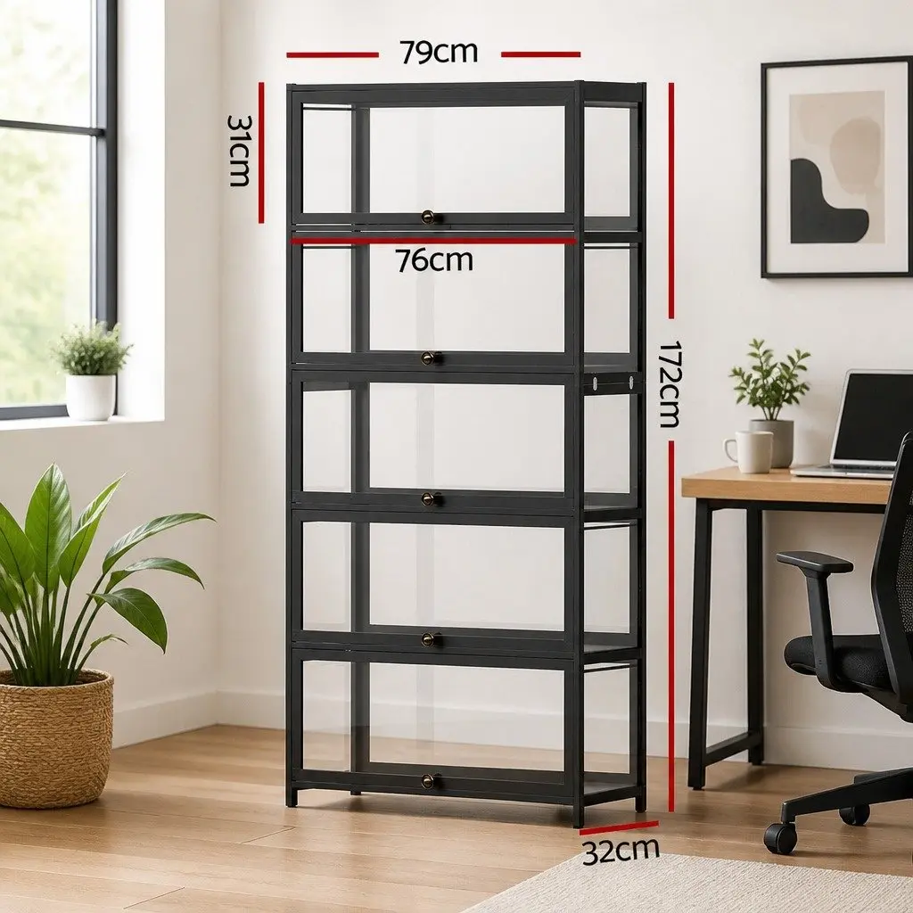 5 Tier Storage Bookshelf Black Acrylic Panel Bamboo Frame Display Cabinet