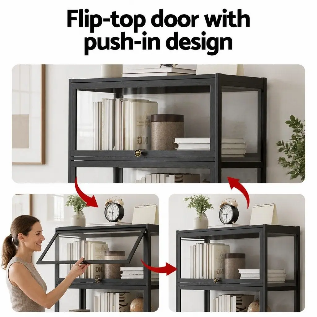 5 Tier Storage Bookshelf Black Acrylic Panel Bamboo Frame Display Cabinet