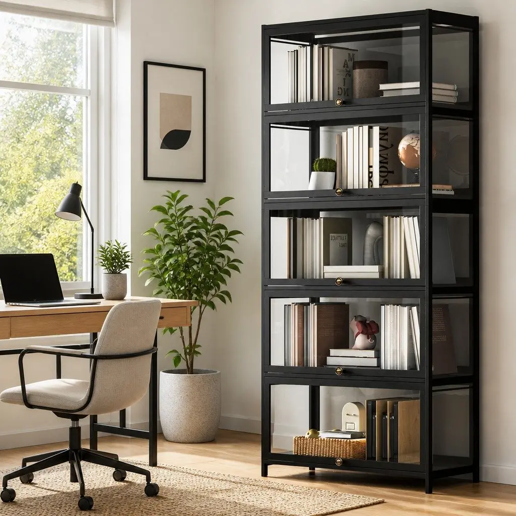 5 Tier Storage Bookshelf Black Acrylic Panel Bamboo Frame Display Cabinet
