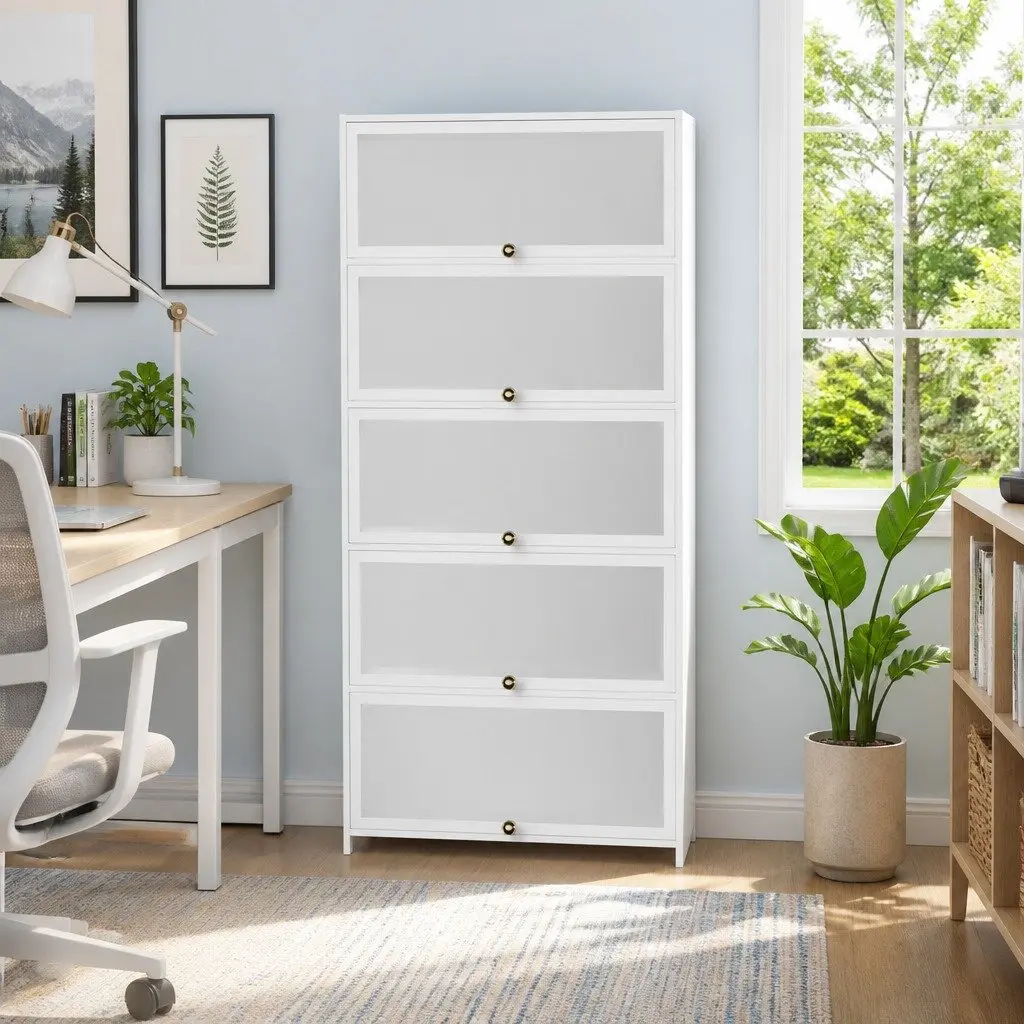 5 Tier Bookshelf White Bamboo Frame Acrylic Panel Display Cabinet