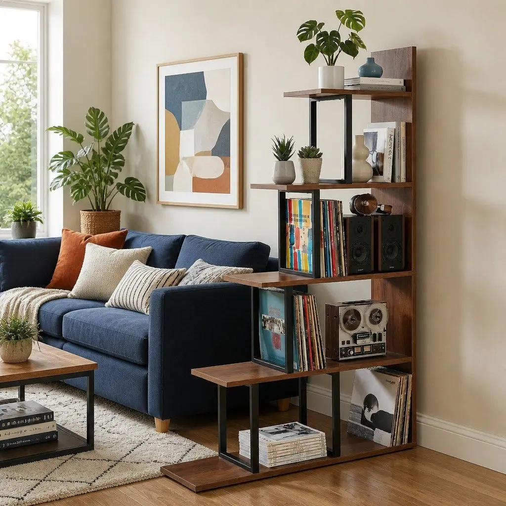 L-Shaped 5-Tier Ladder Bookshelf with Walnut Finish