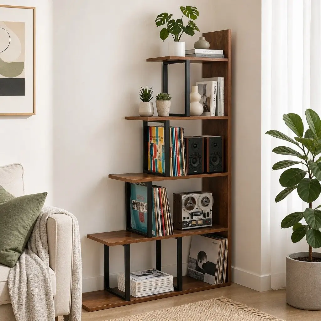 L-Shaped 5-Tier Ladder Bookshelf with Walnut Finish