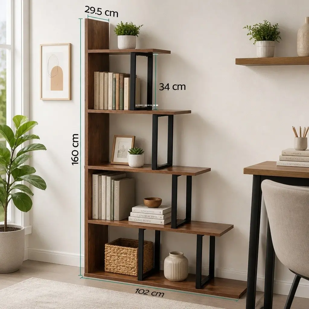 L-Shaped 5-Tier Ladder Bookshelf with Walnut Finish