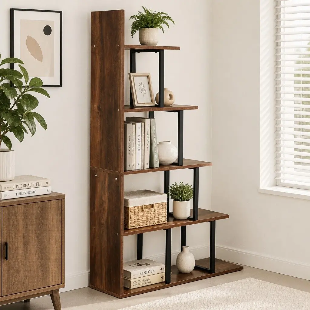 L-Shaped 5-Tier Ladder Bookshelf with Walnut Finish