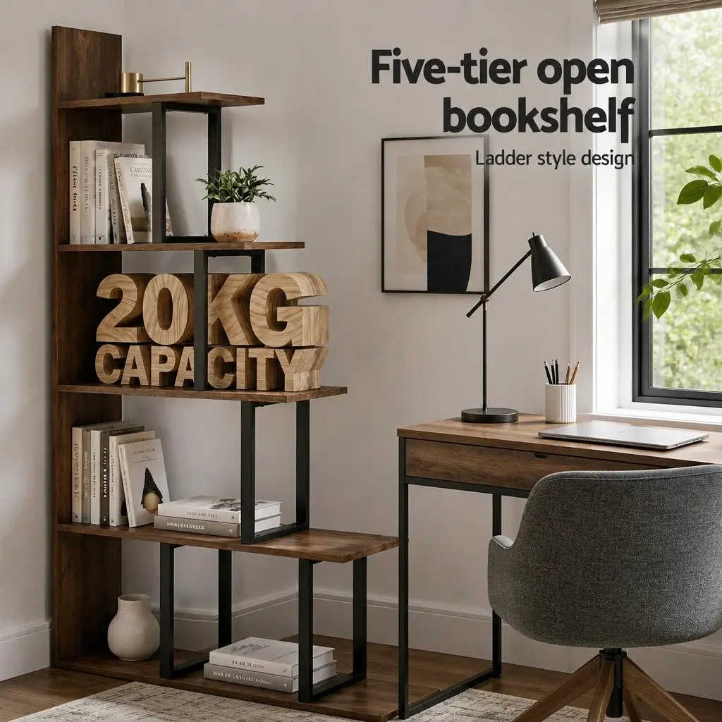 L-Shaped 5-Tier Ladder Bookshelf with Walnut Finish