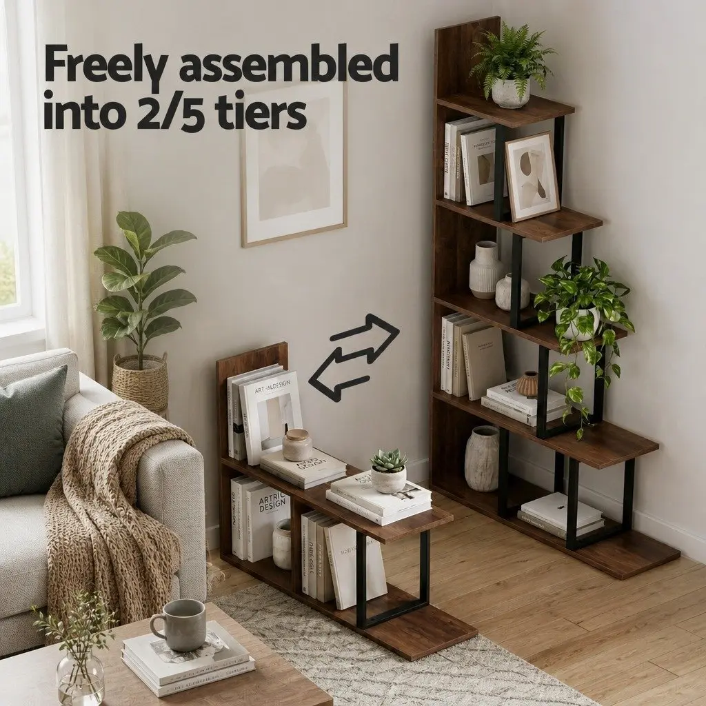 L-Shaped 5-Tier Ladder Bookshelf with Walnut Finish