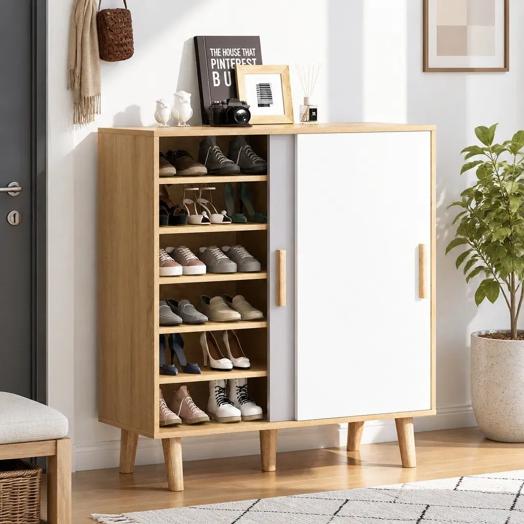 White Oak Shoe Cabinet with 30 Pair Storage and Sliding Doors