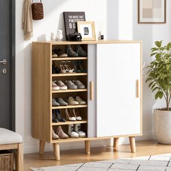 White Oak Shoe Cabinet with 30 Pair Storage and Sliding Doors