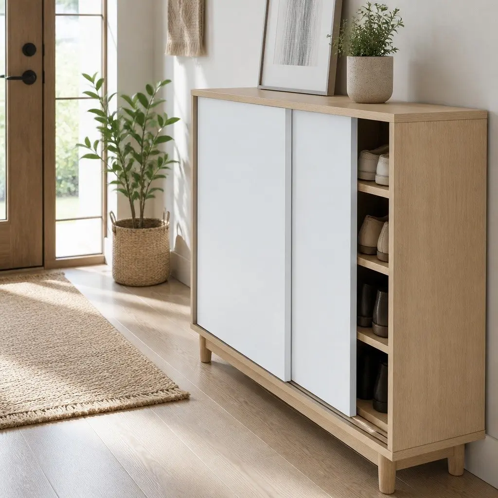 White Oak Shoe Cabinet with 30 Pair Storage and Sliding Doors