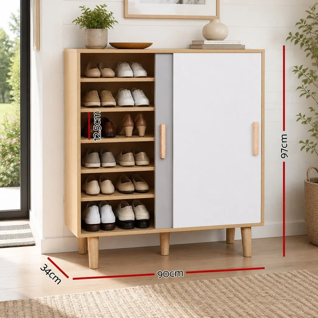 White Oak Shoe Cabinet with 30 Pair Storage and Sliding Doors