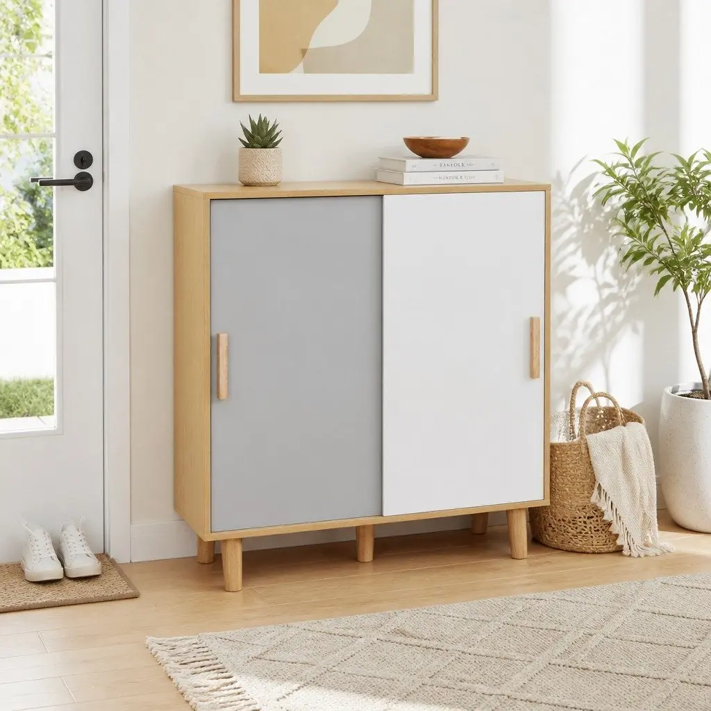 White Oak Shoe Cabinet with 30 Pair Storage and Sliding Doors