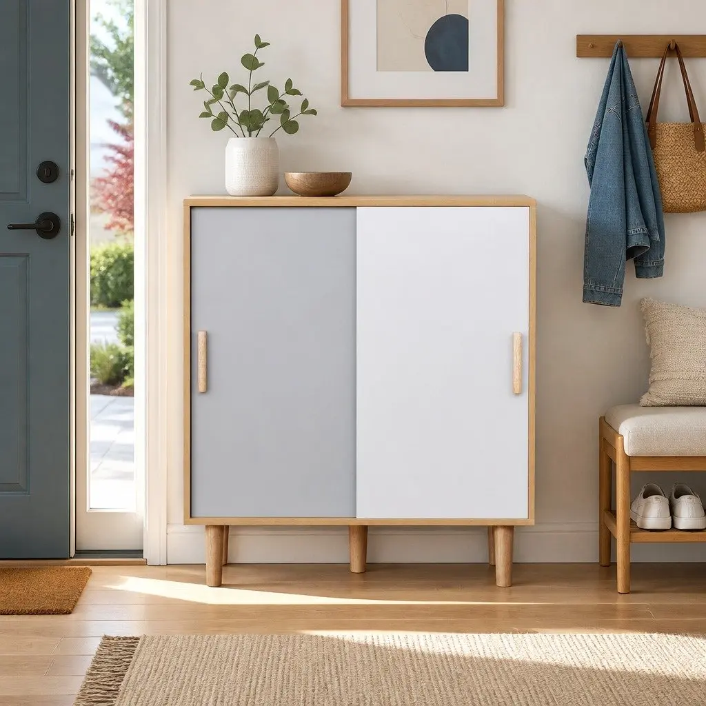 White Oak Shoe Cabinet with 30 Pair Storage and Sliding Doors