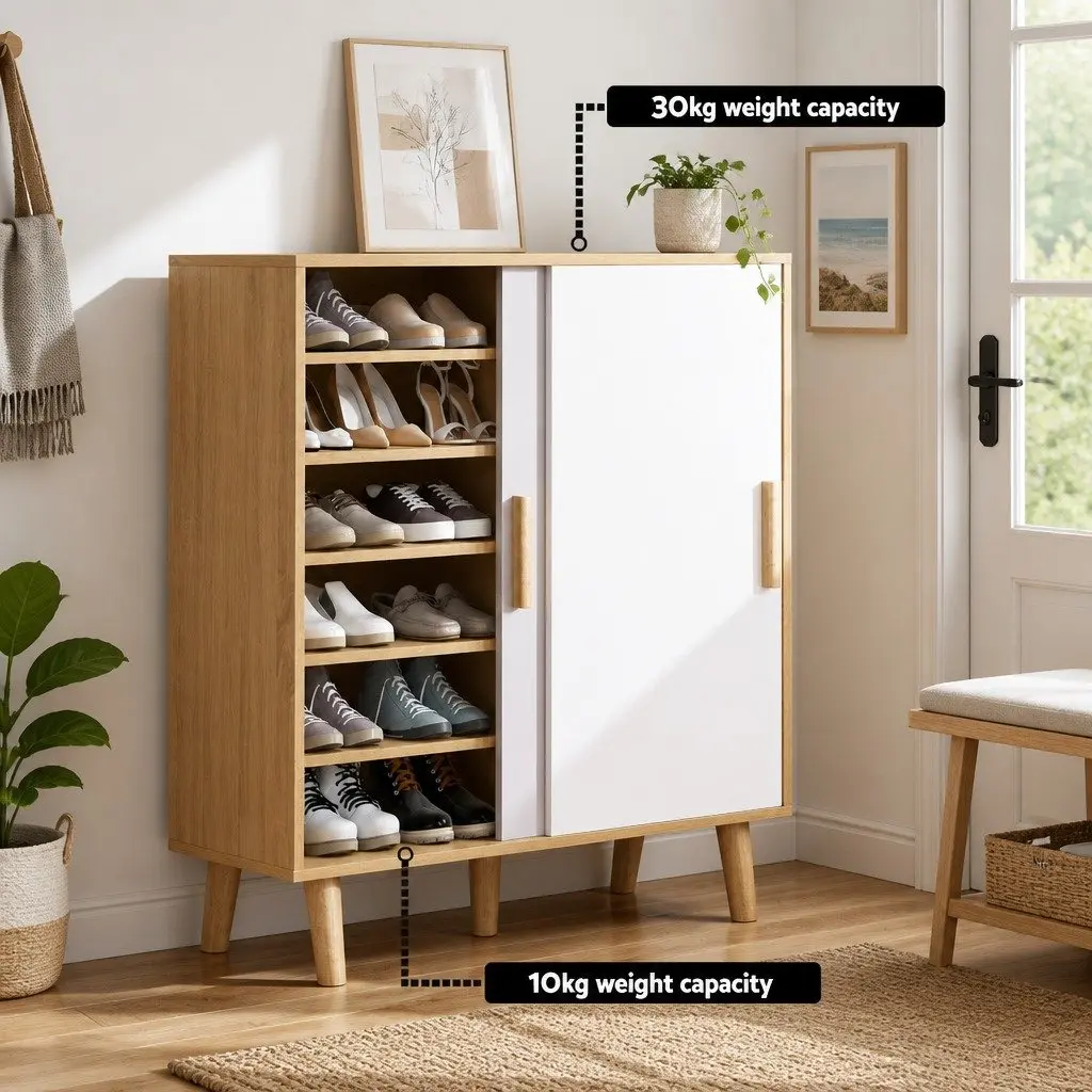 White Oak Shoe Cabinet with 30 Pair Storage and Sliding Doors