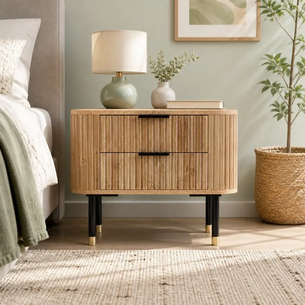 Bedside Table MDF Paulownia Wood 56cm x 42cm x 45.5cm Pine Colour 2 Drawers Metal Legs
