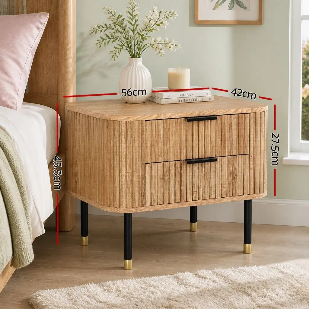 Bedside Table MDF Paulownia Wood 56cm x 42cm x 45.5cm Pine Colour 2 Drawers Metal Legs