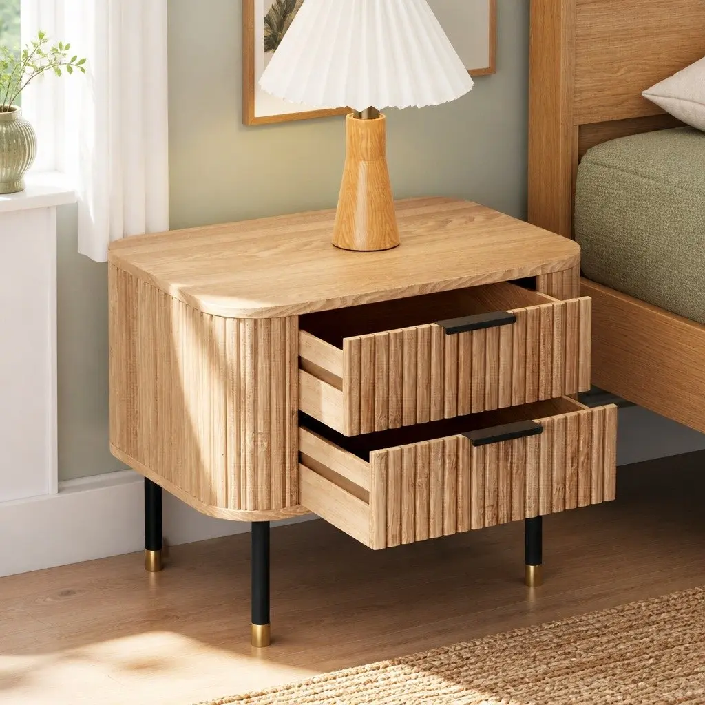 Bedside Table MDF Paulownia Wood 56cm x 42cm x 45.5cm Pine Colour 2 Drawers Metal Legs