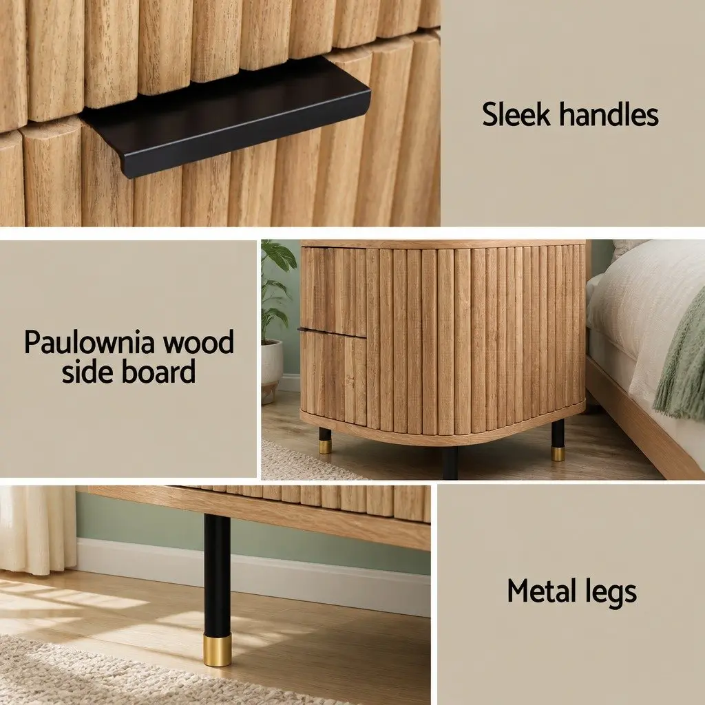 Bedside Table MDF Paulownia Wood 56cm x 42cm x 45.5cm Pine Colour 2 Drawers Metal Legs